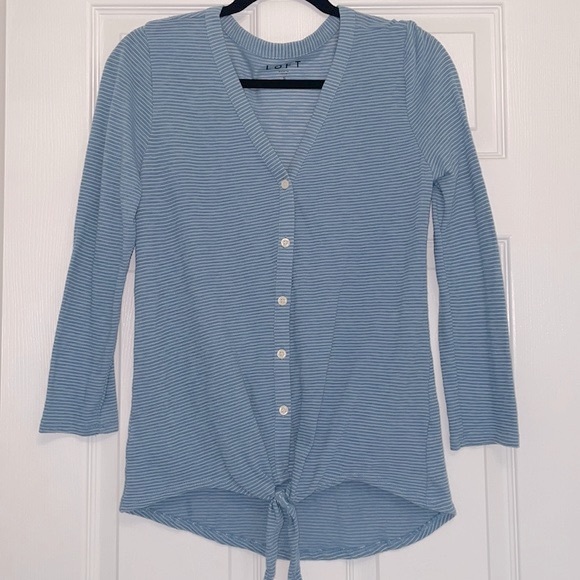 LOFT Striped Tie Front Button Down Top - Picture 2 of 6